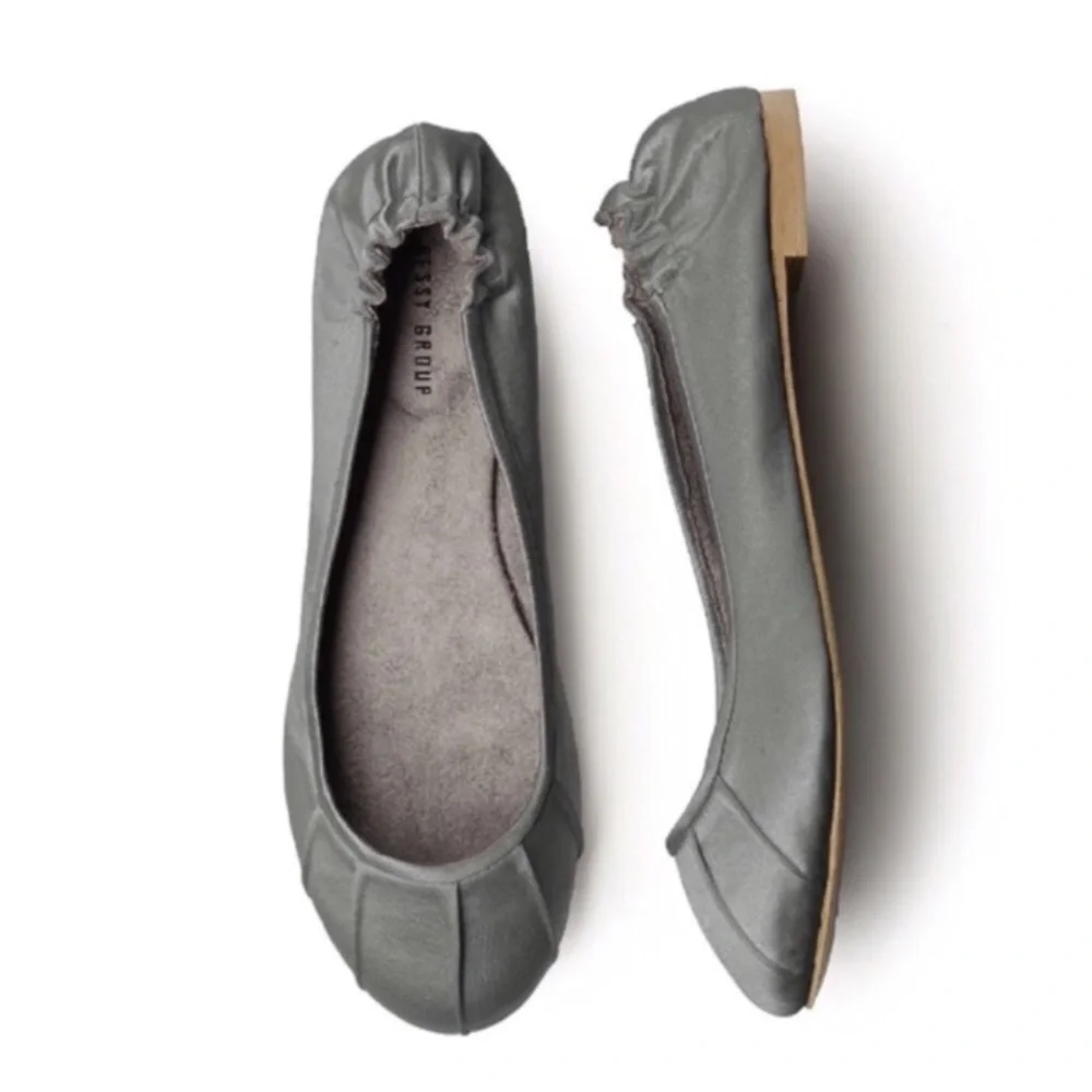Pleated Steel Grey Satin Rounded Toe Ballet Flats - Picture 2 of 2